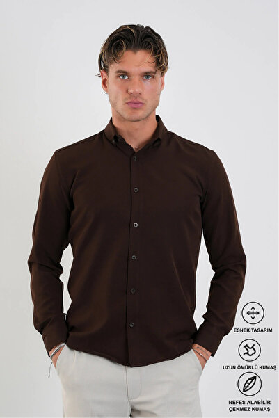 Redline Priedušná pánska košeľa Flex Slim Fit Soft Easy Iron Hnedá