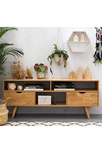 WoodenDecoration01 Ahşap Çift Çekmece Açık Raf Tv Ünitesi Büfe