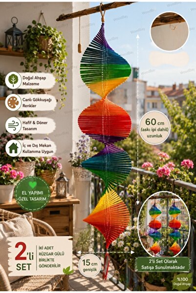 WoodBay Gökkuşağı Ahşap Rüzgar Gülü 2'li Set 60 cm El Yapımı Döner Bahçe Balk...