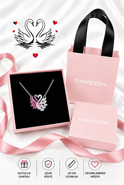 RAWEZON Kutulu ve Çantalı Pembe Beyaz Taşlı Çelik Çift Kuğu Kolye -Sevgiliye ...