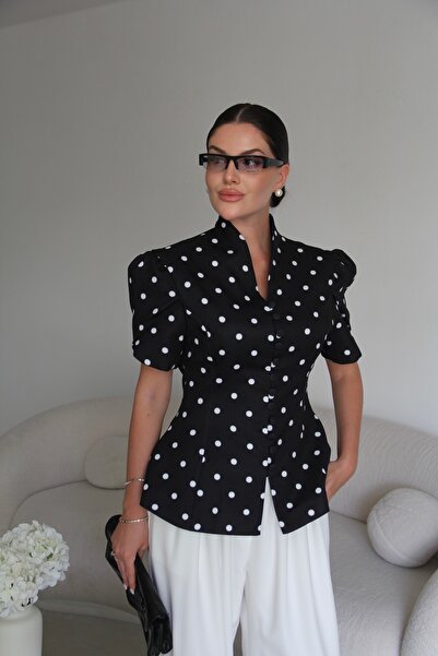 Julidress Black Button Detailed Polka Dot Jacket and White Trousers Premium Set