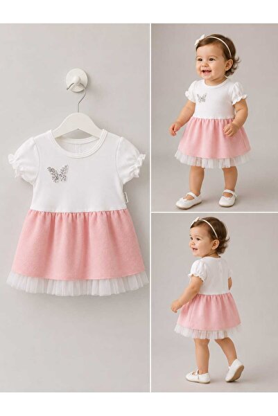 neocotton Astarlı Kol Ucu Lastikli Kız Bebek Kısa Kol Elbise