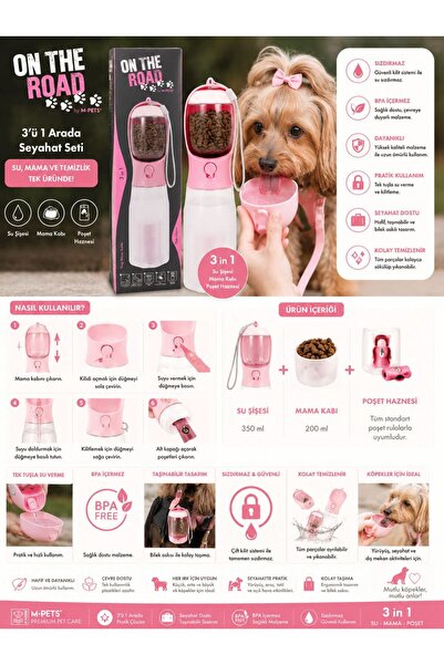 M-PETS ON THE ROAD 3İN1 KÖPEK SEYAHAT SULUĞU 600ML PİNK