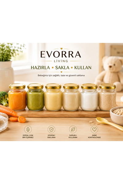 EVORRA LİVİNG |   Set of 6 Premium Healthy Baby Food Jars - 210 ml with Gold Lids