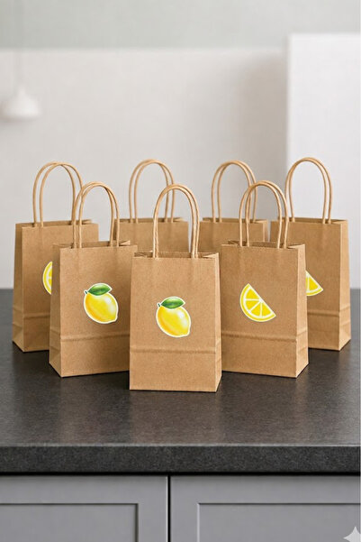 parti pera Kraft Limon Desenli Temalı Büküm Saplı Mini Kraft Karton Çanta Hed...