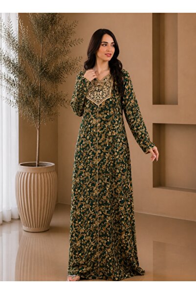 amaan Women's Luxury Long-Sleeve Cotton Jalabiya Gold Embroidered Modest Dres...