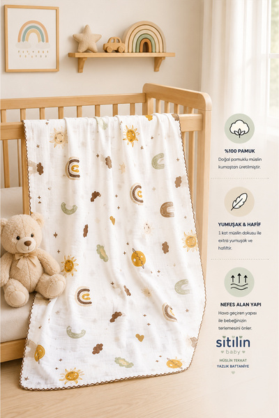 Sitilin Baby Girl and Boy Single Layer Muslin Swaddle Blanket with Pompom Sum...