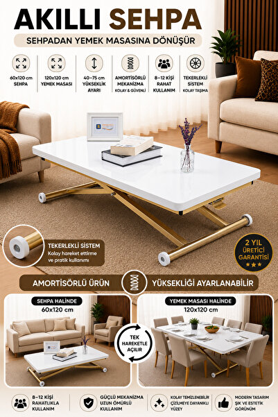 SEHPAM AKILLI Akıllı Sehpa Home Üst Tabla Mdf Alt Mekanizma Gold Kaplama