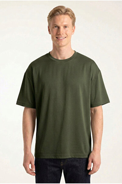 ELAFRO Men's Green Oversize Modal Fabric Silky Textured Crew Neck T-Shirt
