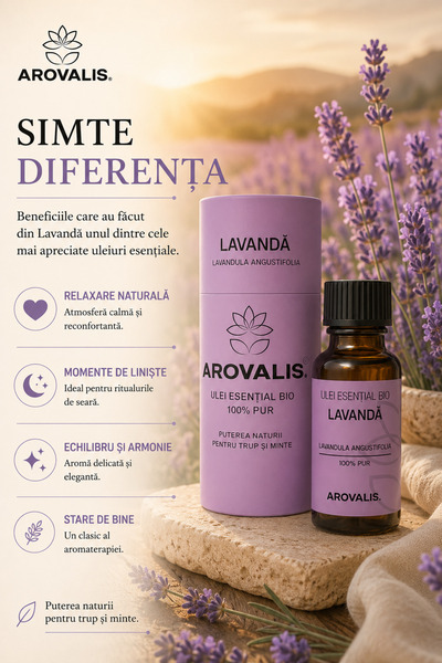 Arovalis. ULEI ESENȚIAL BIO DE LAVANDĂ 30 ml (Lavandula angustifolia) 100% PUR