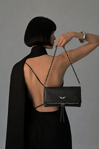 Füme Women's Black Hand and Shoulder Bag with Removable Chain Strap