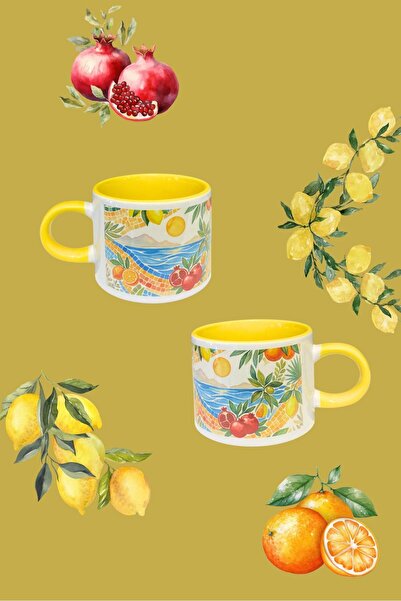 İDEAL REKLAM Kişiye Özel Baskılı-Akdeniz Esintisi Limon Desenli Porselen Kupa