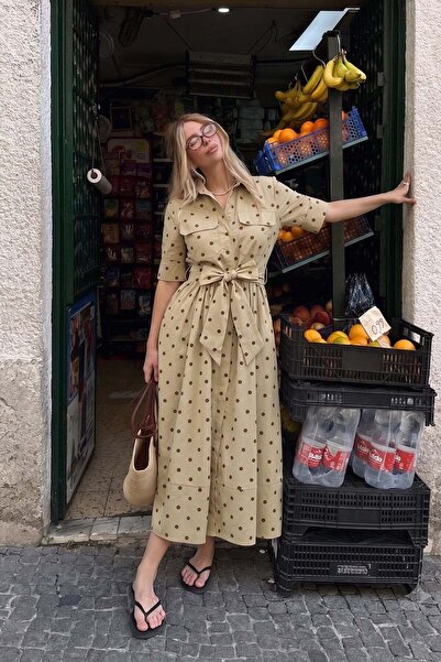 Olcay Button Closure Polka Dot Patterned Cotton Dress Çağla 9466-E