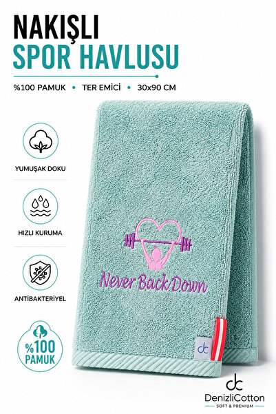 denizlicotton Mint Nakışlı Spor Havlusu Pamuklu Ter Emici Fitness Pilates Yog...