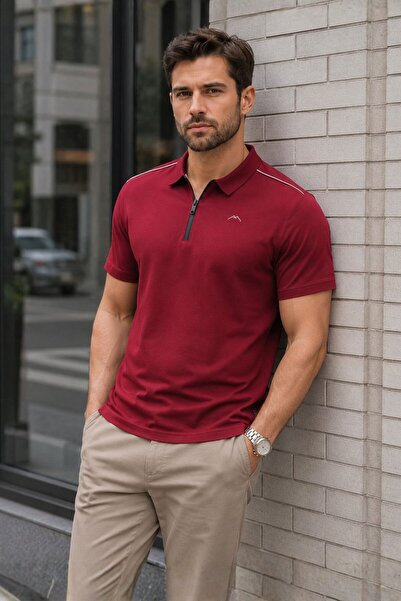 Madmext Tricou polo pentru bărbați roșu Claret Basic cu fermoar 6076