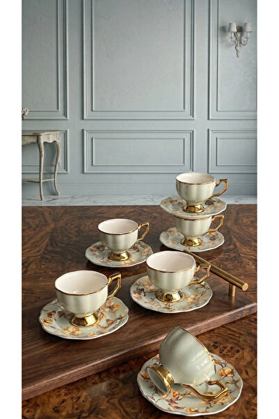 Ogeda Home Gold Detaylı Çiçekli Fincan Takımı Mint- Mint Çiçekli Gold 6 Kişil...