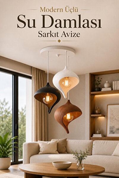 Trezon Modern Üçlü Su Damlası Sarkıt Avize Beyaz Ampul Hediyeli