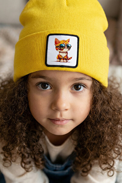 BlackBörk Yellow Children's Beanie with Cat Logo