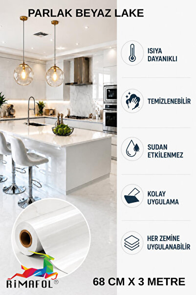 RİMAFOL Parlak Beyaz Dolap Mobilya Tezgah Kaplama Folyosu 68 CM X 3 METRE
