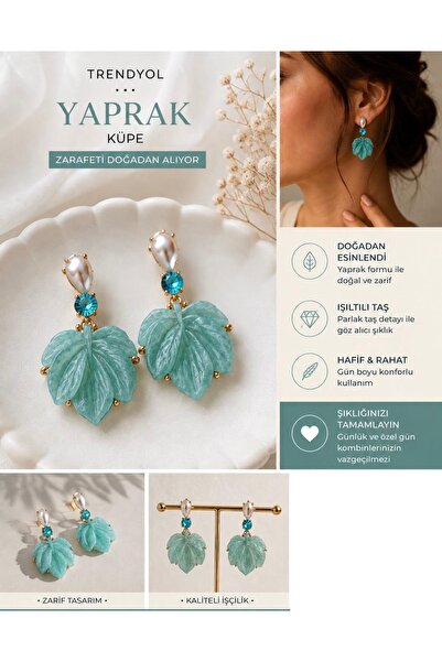 Up Atelier Plaj Modası Turkuaz Renk Sedefli Yaprak Küpe 6cm
