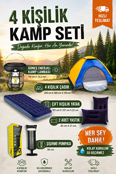 post alley 4 Kişilik Kolay Kurulumlu Kamp Çadırı + Çift Kişilik Şişme Yatak S...
