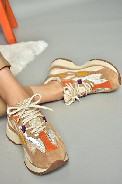Fox Shoes R312510504 Bej/Turuncu Kumaş Kadın Spor Ayakkabı Sneakers
