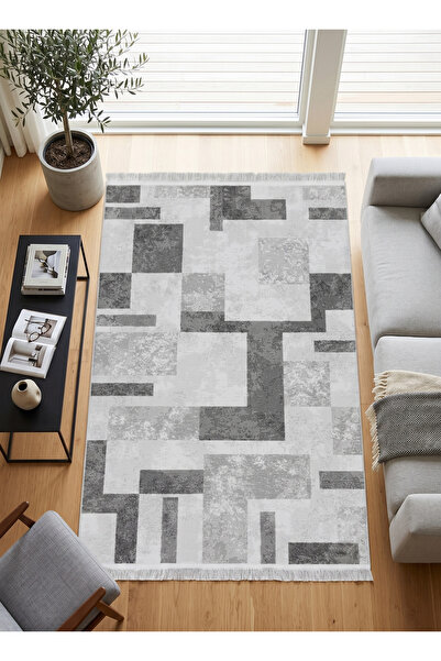 Merinos Vista Beyaz Gri Renk %100 Akrilik Geometrik Desen Yumuşak Dokulu Salo...