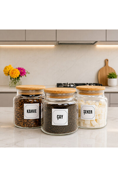 mafa home 3'lü Ahşap Vakum Kapaklı Cam Çay Kahve Şeker Saklama Kavanozu Seti ...