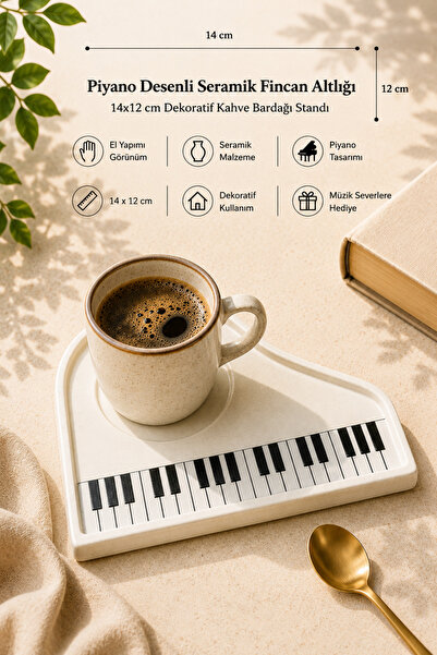 HER ŞEY NOTA www.herseynota.com White Piano Patterned Ceramic Cup Coaster 14X...