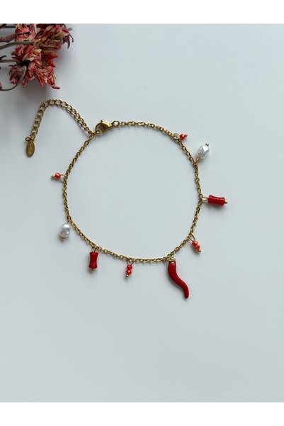 BURÇİN AKSESUAR Steel Anklet with Pepper Charm and Pearl Detail