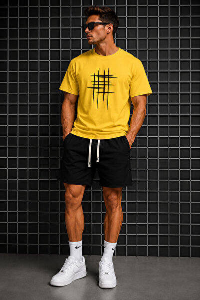 FECCY Unisex Kadın/Erkek Çizgili Özel Baskılı Şort T-shirt Takımı