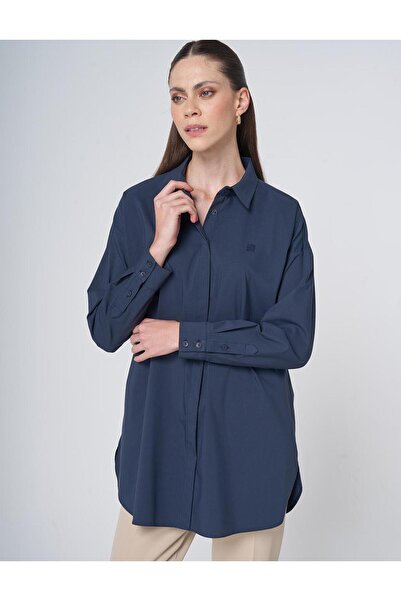 Kayra Gömlek Yaka Basic Poplin Tunik Lacivert