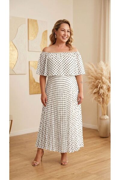 SİBELİZE Women's Polka Dot Flounce Pleated Chiffon Dress