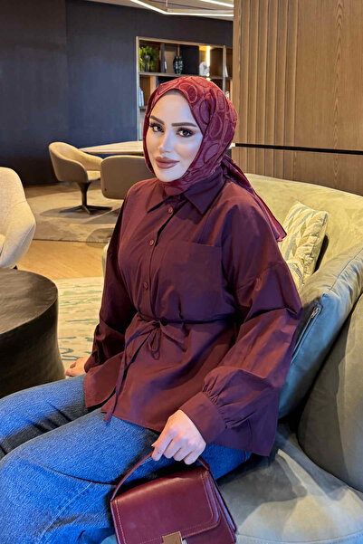 İmajButik Bordo Bel Bağlamalı Düğmeli Gömlek