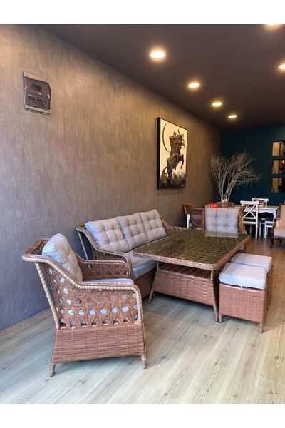 KalyonHome Garden Marsilya Rattan Bahçe Balkon Mobilyası 3+1+1+2puf ve Masa