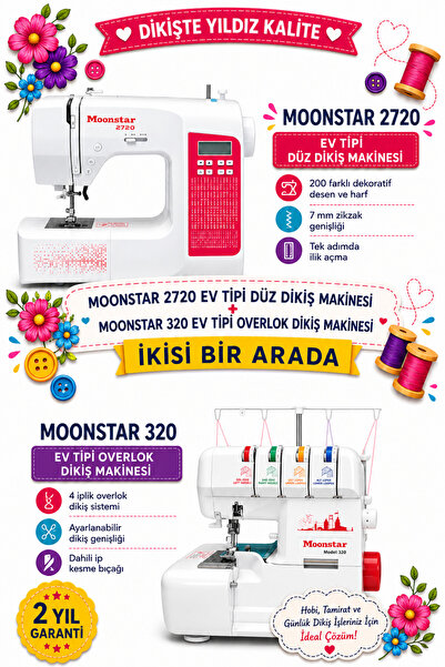 Moonstar 2720 EV TİPİ DÜZ DİKİŞ MAKİNESİ + 320 EV TİPİ OVERLOK DİKİŞ MAKİNESİ