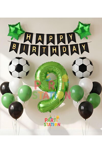 Parti Station Futbol Maç Konsept Yeşil Rakam 9 Yaş Balon Futbol Konsept Yeşil...