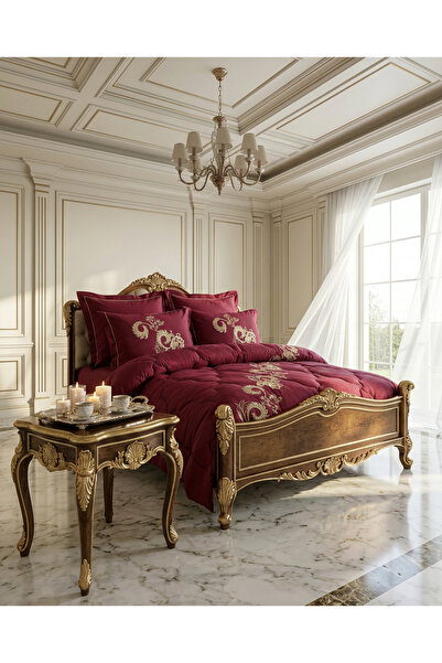 BAŞ TASARIM Gold Sim İşlemeli Bordo Kışlık Uyku Seti