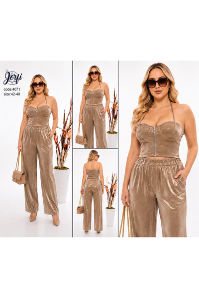 JERFİ Women's Plus Size Bustier Shiny Two-Piece Set