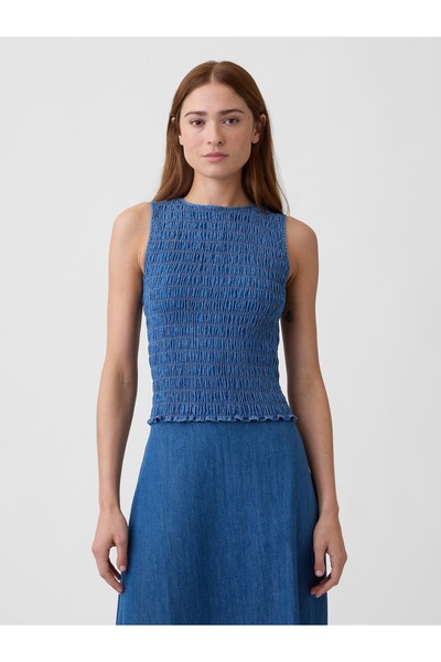 GAP Kadın Mavi Smocked Kolsuz Boatneck Bluz