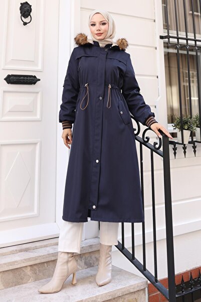 Missvalle Fur Collar Waist-Tie Coat Navy Blue 19269