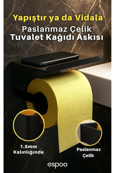 Espoo Design Telefon Raflı Yapışkanlı Paslanmaz Çelik Tuvalet Kağıdı Askısı K...