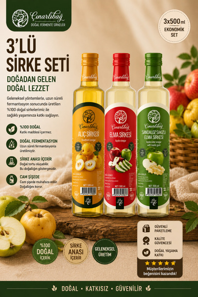 ÇINARLIBAĞ 3'lü Doğal Fermente Sirke Seti 500 ml x 3 (Elma + Alıç + Sandaloz ...