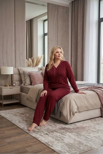 Eyfuze Women's Plus Size Patterned Collared Buttoned Long Sleeve Bamboo Pajama Set