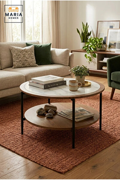 MARIA HOMES طاولة مركزية بيضاء مع سطح من الرخام وطاولة قهوة دائرية من خشب الج...
