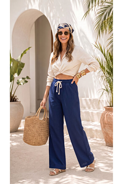 BADESSA Women's Navy Blue Stylish High Waist Palazzo Linen Muslin Comfort Pan...