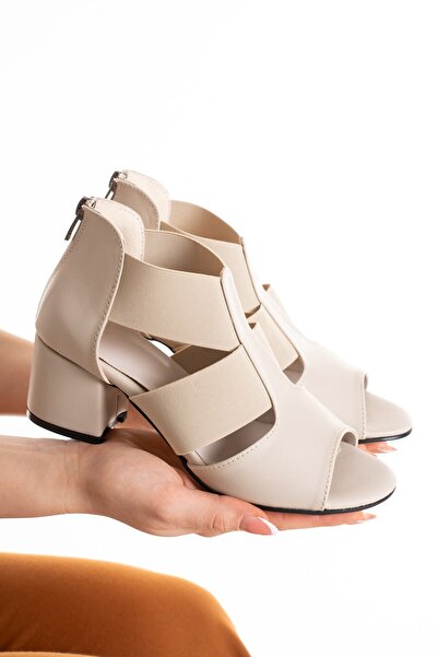 SEFERİ Kadın Bej Arka fermuarlı Çapraz Lastikli Sandalet Ayakkabı Seferi2027