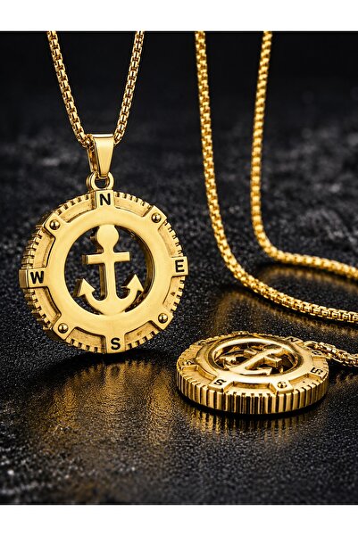 voyageaccessory Stainless Steel Gold Color Anchor Necklace with Compass Detail