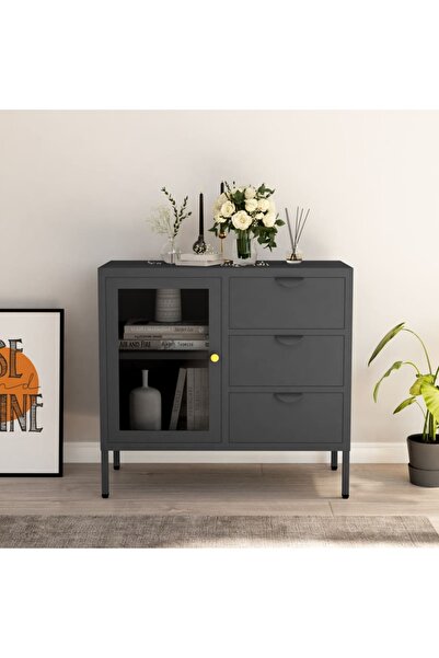 Concept Servantă, negru, 75x35x70 cm, oțel și sticlă securizată