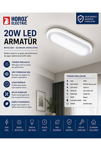 Horoz Elektrik Horoz Electric 20W LED Armatür Beyaz Işık İç Mekan Aydınlatma
